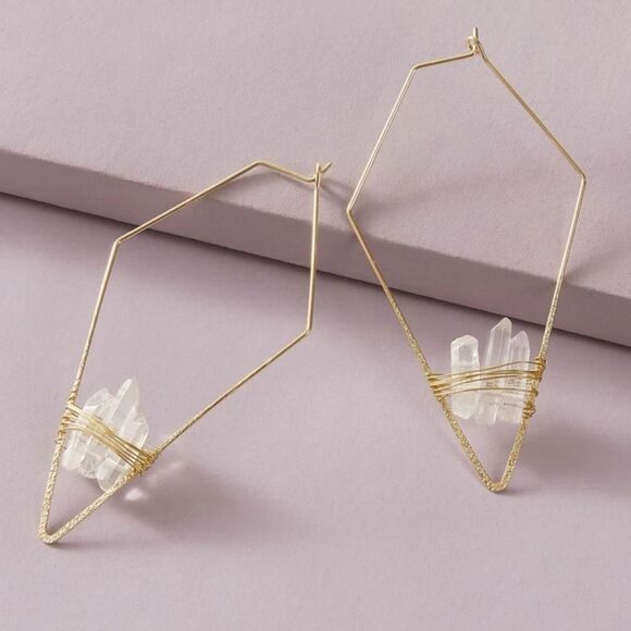Crystal Quartz Stone Gold Geometric Triangle Hoop Statement Earrings - Picture 2 of 14